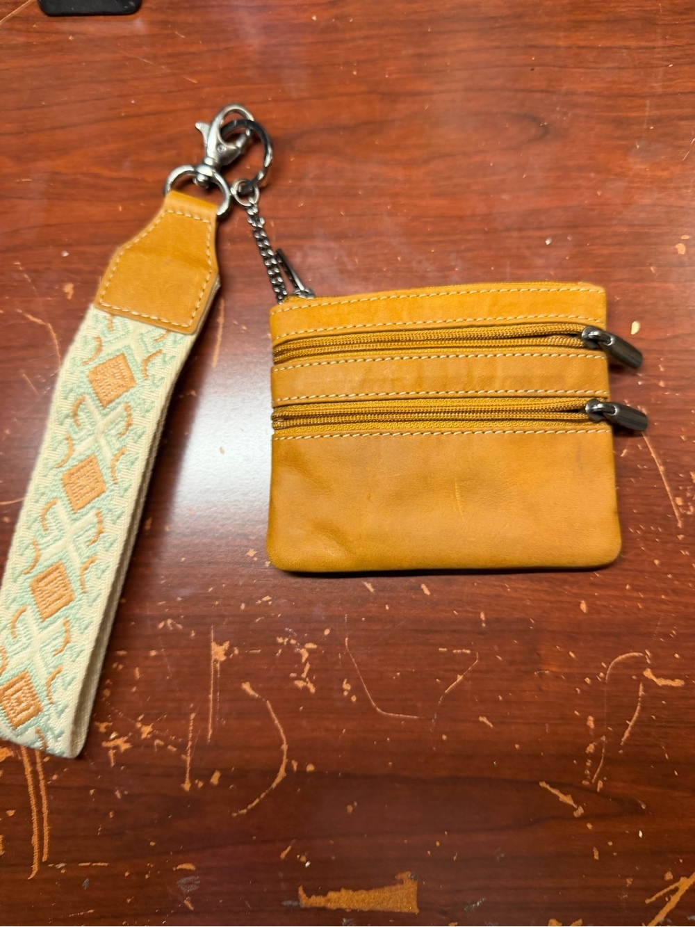 Myra Leather Keychain Coin Pouch with Woven Strap - Tan